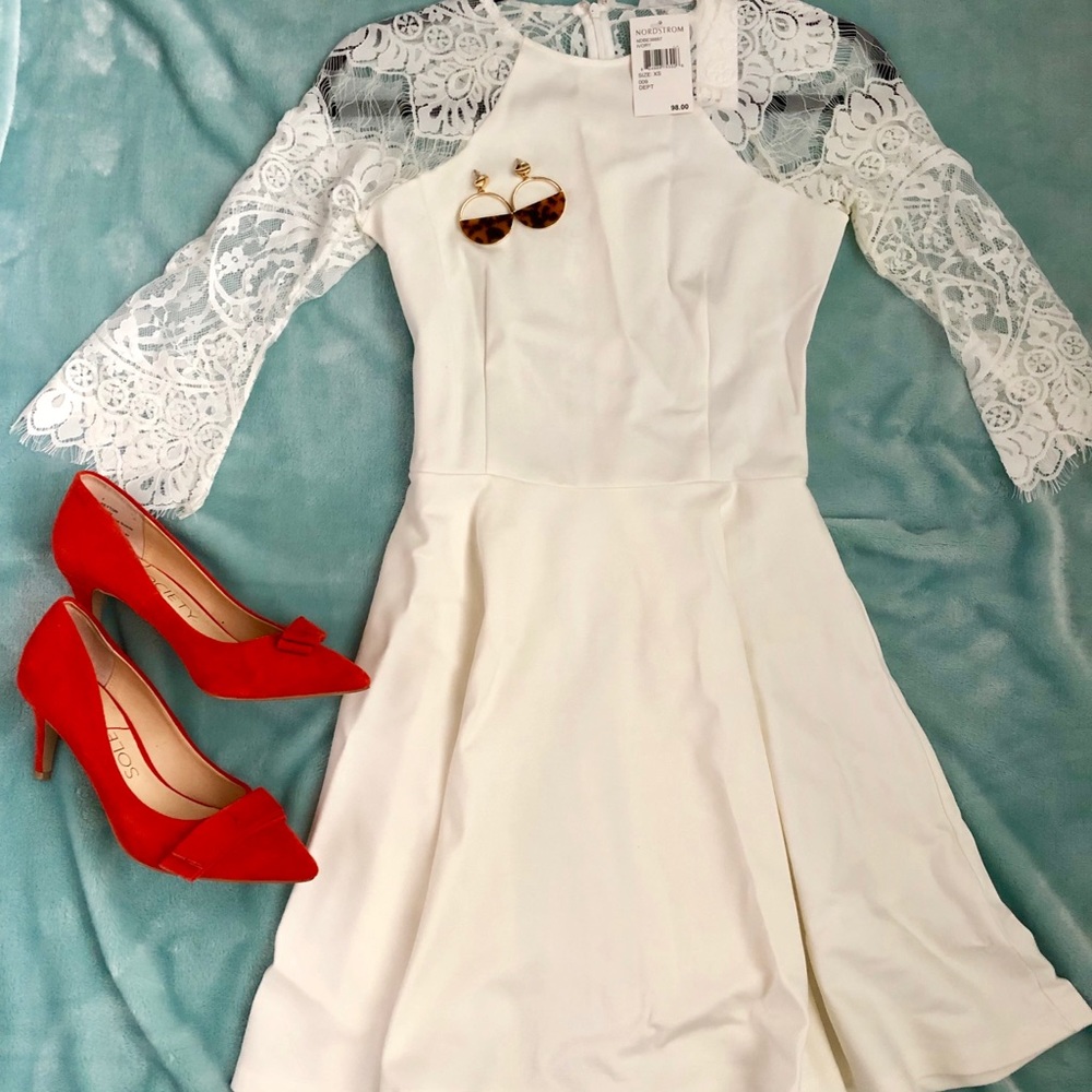 Lace Panel Fit and Flare Dress, White